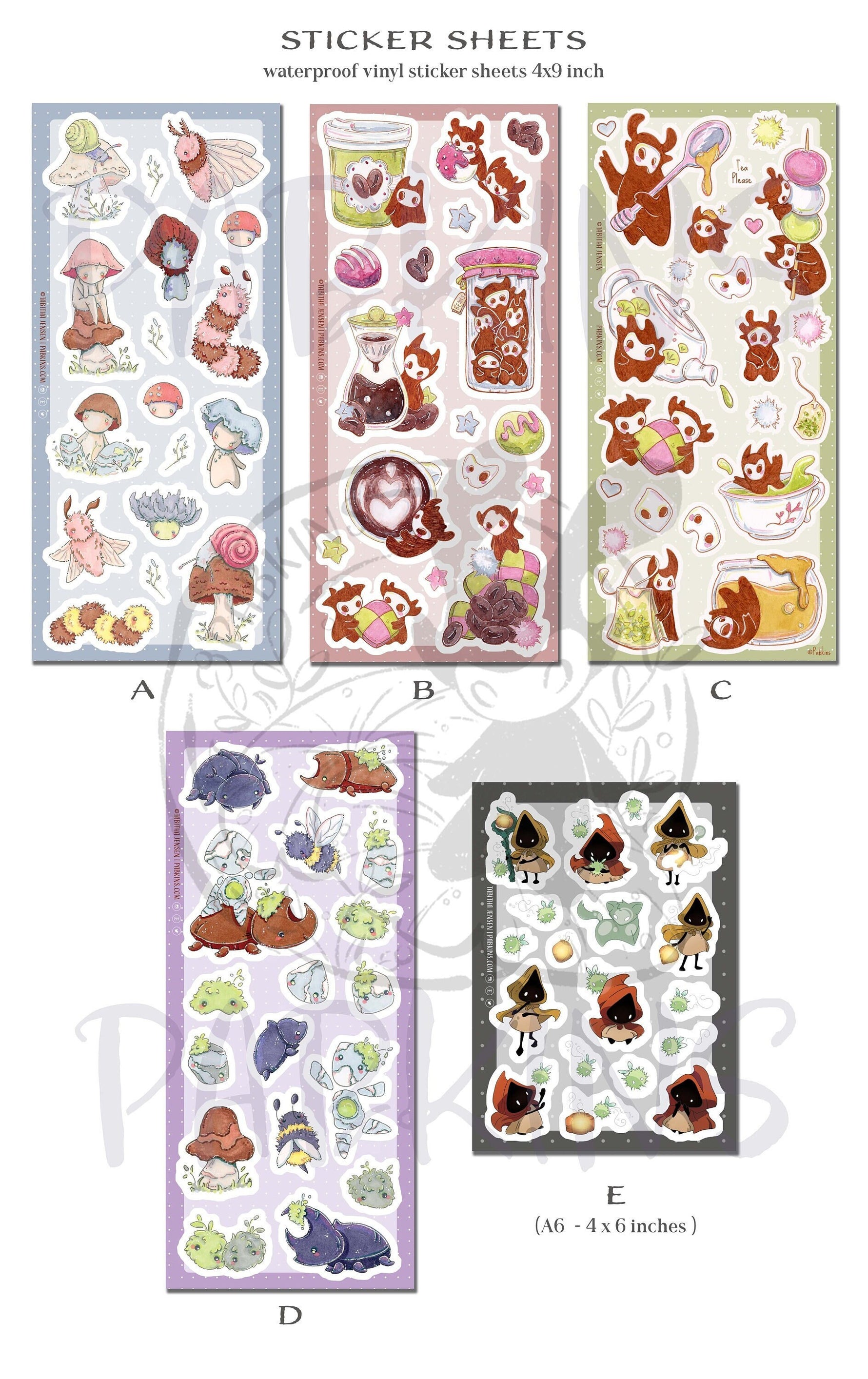 Cute Sticker Sheets - 5 Sheet designs - vinyl sticker sheet full view