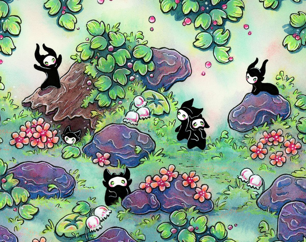 A whimsical illustrated scene with several small black cartoon characters scattered across a lush green landscape with pink flowers, purple rocks, and a pale blue background.