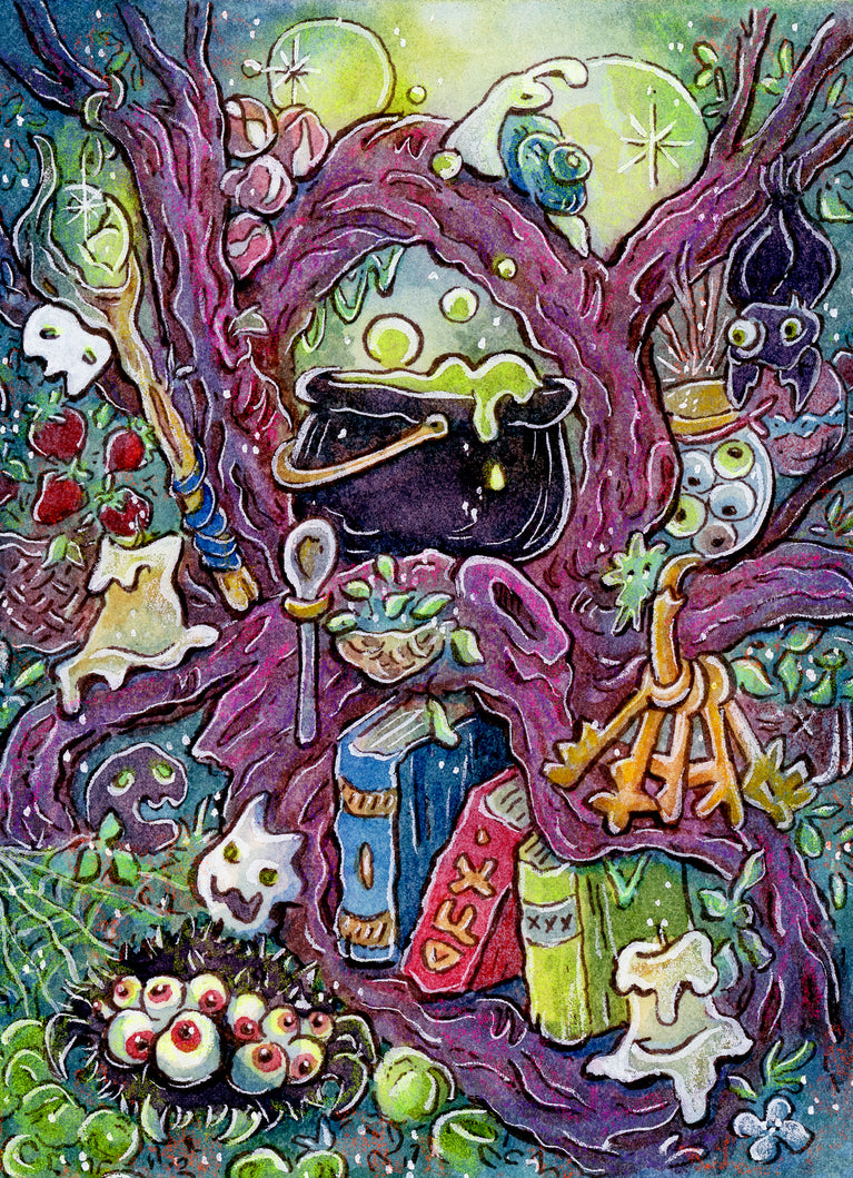 watercolor painting of a witch's cauldron, books, and all the bits and bobs they need to get through the day.