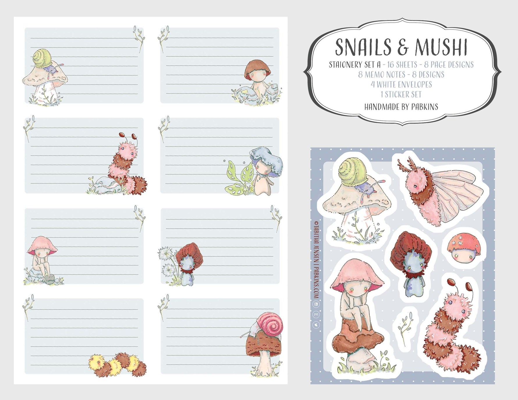 Snails and Mushi - Stationery set Front