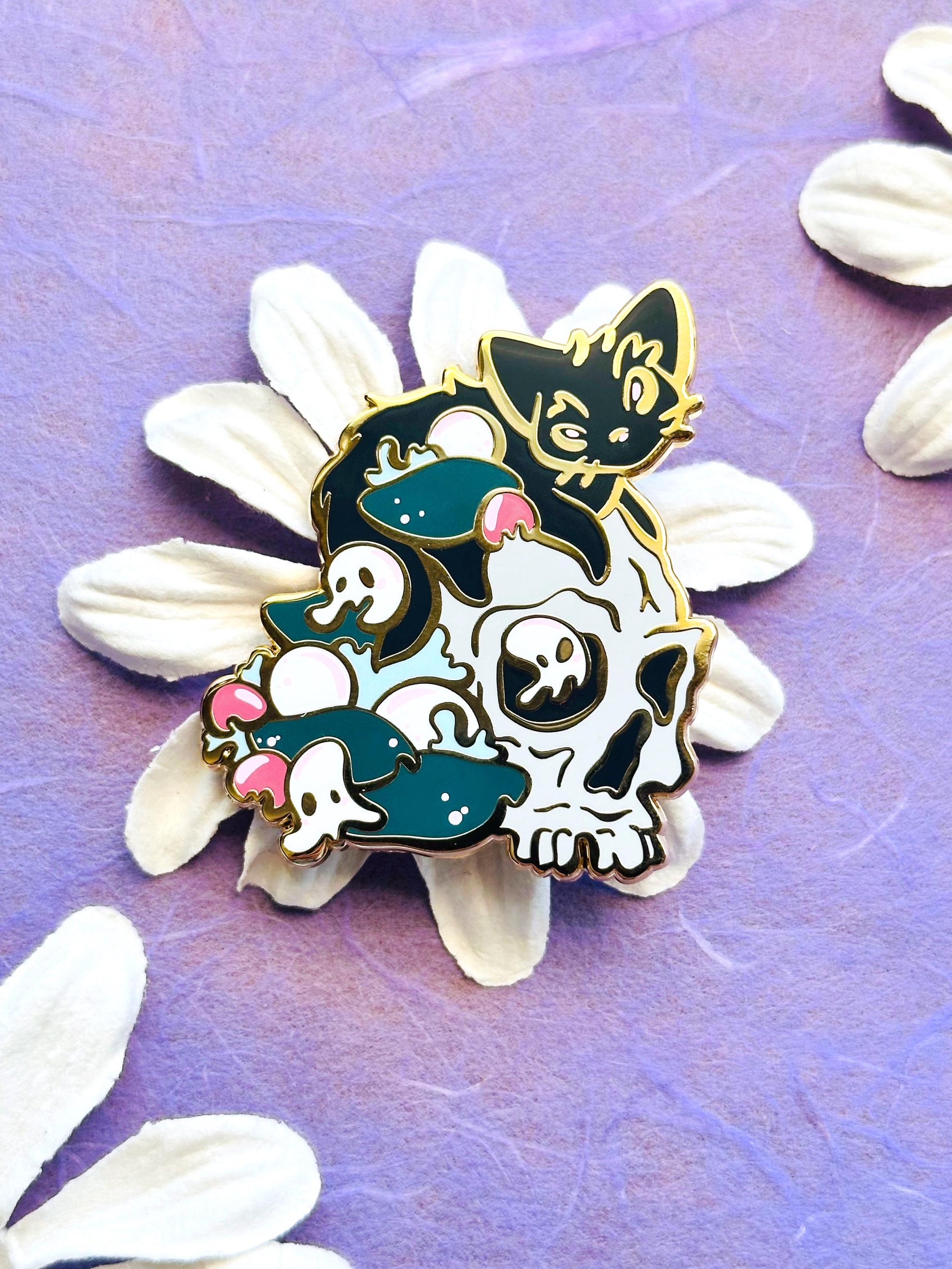 Spooky Black Cat Skull Guardian - Hard enamel pin alt view