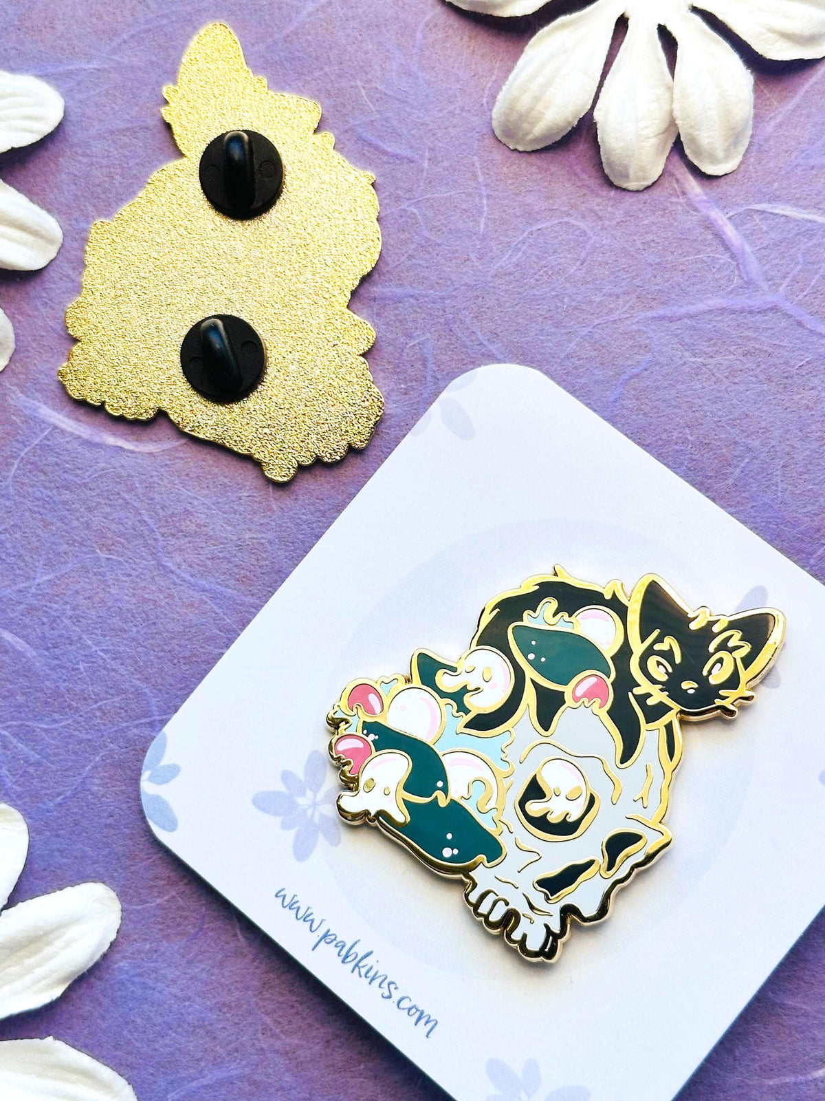 Spooky Black Cat Skull Guardian - Hard enamel pin front and back