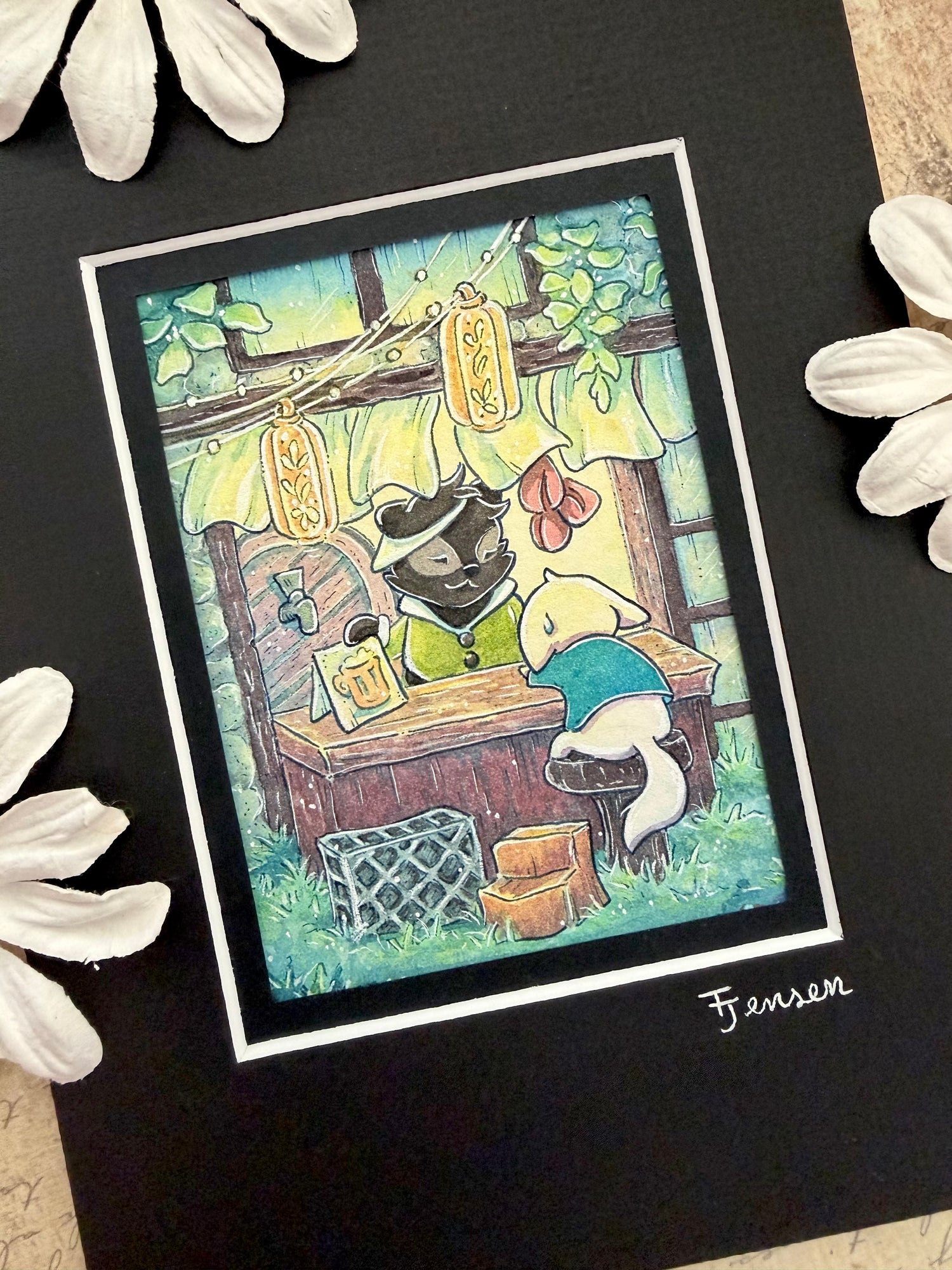 Cat and bear market stall illustration