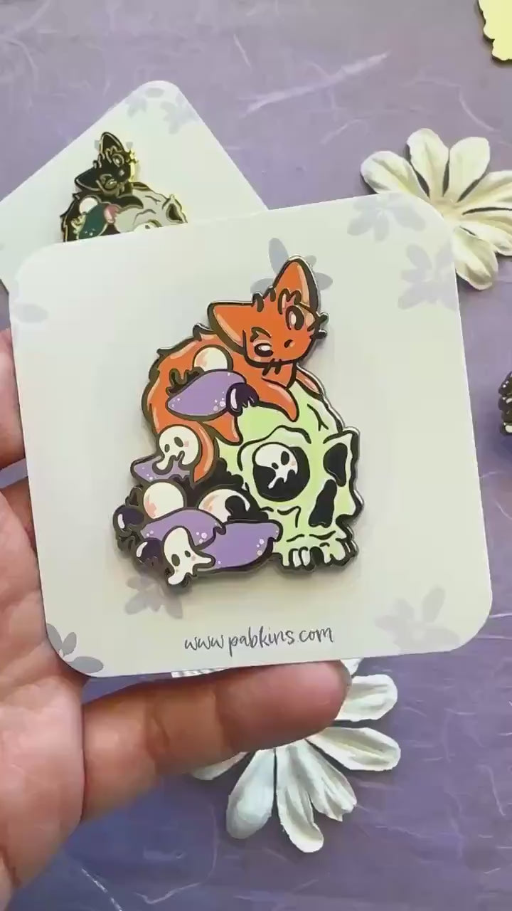 Spooky Orange Cat Skull Guardian - hard enamel pin video